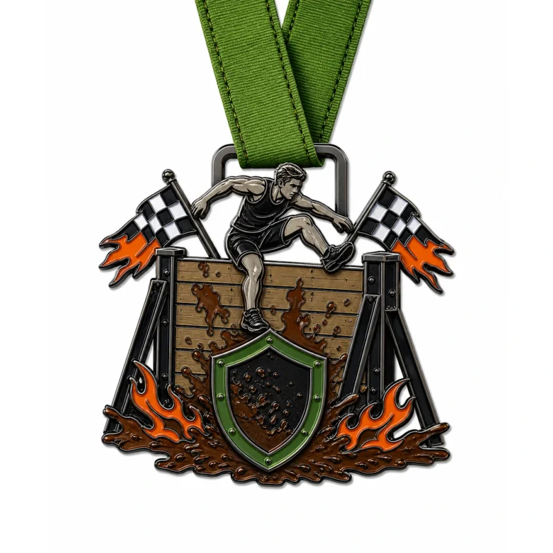 Hindernis Wand Warrior Dash Medaille aus weicher Emaille mit schwarzem Nickel Metall Konturen, grünem Hals Band, Hindernis Wand Form, Läufer springen Silhouette, Rennen Fahnen, Schlamm Spritzer und Flamme Akzente, und weißem Hintergrund.