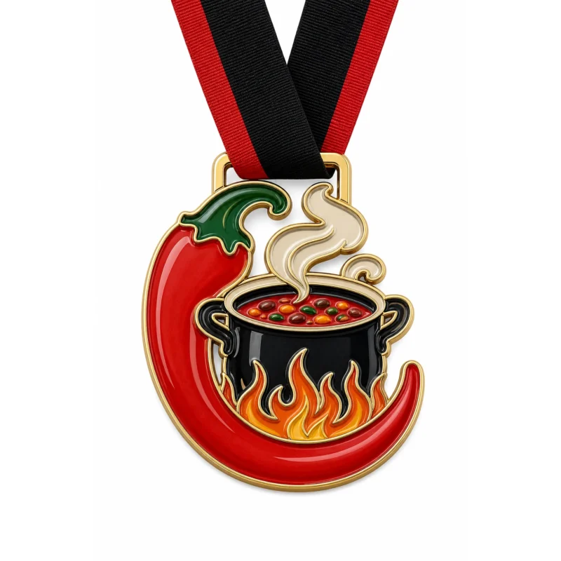Pepper Pot Chili Cook Off Medal Medaille aus weicher Emaille mit polierten goldenen Metallkonturen, schwarzem und rotem Halsband, Chilischote und Kochtopfform, Dampf- und Flammenakzenten und weißem Hintergrund.