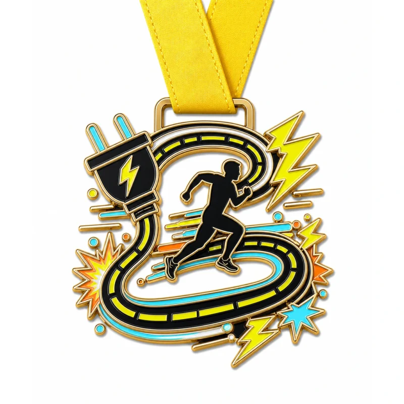 Медаль Plug route Electric Run Medal из мягкой эмали с контурами из полированного золотистого металла, желтой шейной лентой, формой вилки и кабельной трассы, силуэтом бегуна, акцентами в виде искр и молний и белым фоном.