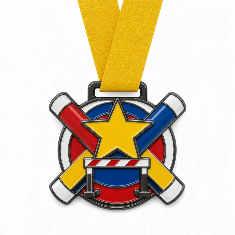 Эстафетная медаль Field Day Medal из мягкой эмали с контурами из черного никелированного металла, желтой шейной лентой, формой скрещенной эстафеты, центральной звездой, силуэтом барьера и белым фоном.