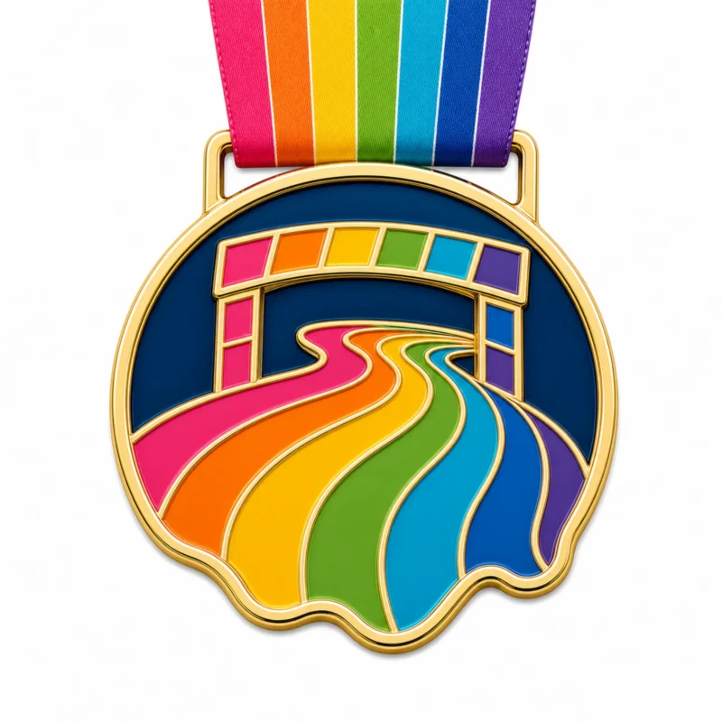 Medaglia Color Run con percorso a onde nastro Medaglia in smalto morbido con divisori in metallo dorato in rilievo, bande piatte per il percorso arcobaleno, bordo della medaglia scolpito, occhiello per appenderla e nastro su sfondo bianco.