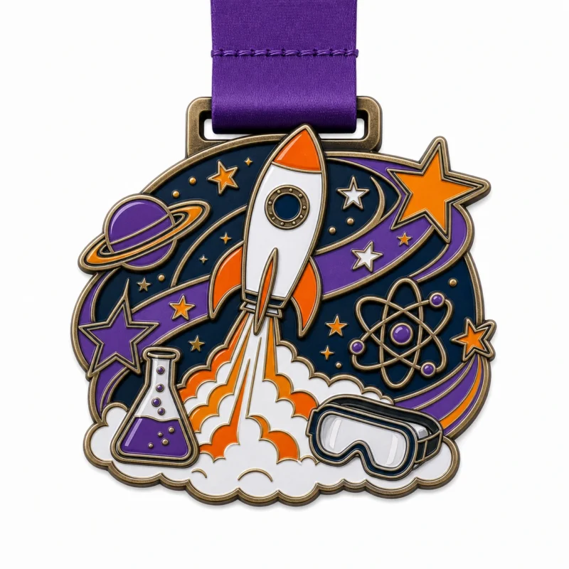 Medaille der Wissenschaftsolympiade "Rocket Trail" aus weicher Emaille mit antikbronzefarbenen Metallkonturen, lila Band, Kontur der Raketenfahne, Planetenring, Laborbrille und weißem Hintergrund.