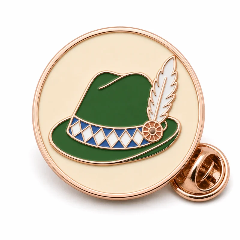 Spilla rotonda per cappello bavarese dell'Oktoberfest con contorni in metallo oro rosa, base rotonda color crema, cappello verde, fascia bianca blu e farfalla su sfondo bianco.