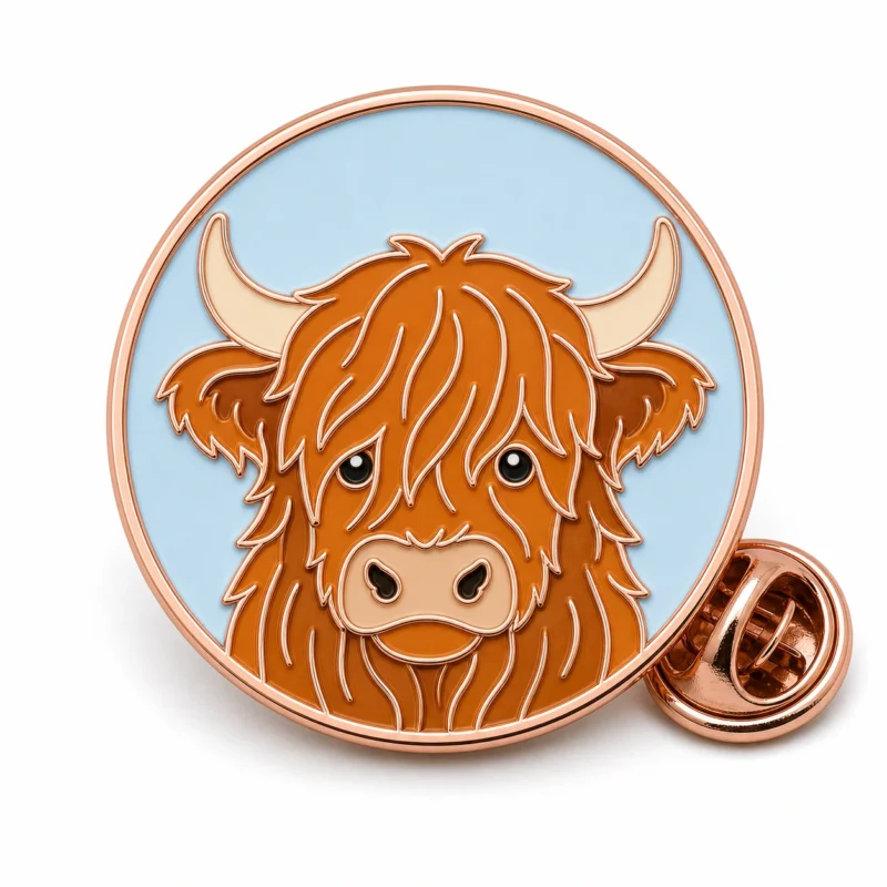 Round portrait Highland cow pin with rose gold metal outlines, pale blue base, orange-brown shaggy face, cream horns, and a butterfly clutch on white.