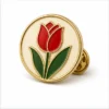 Round Red Tulip Pin soft enamel pin with raised metal outlines, flat enamel color sections, connected badge details, and a butterfly clutch on a white background.