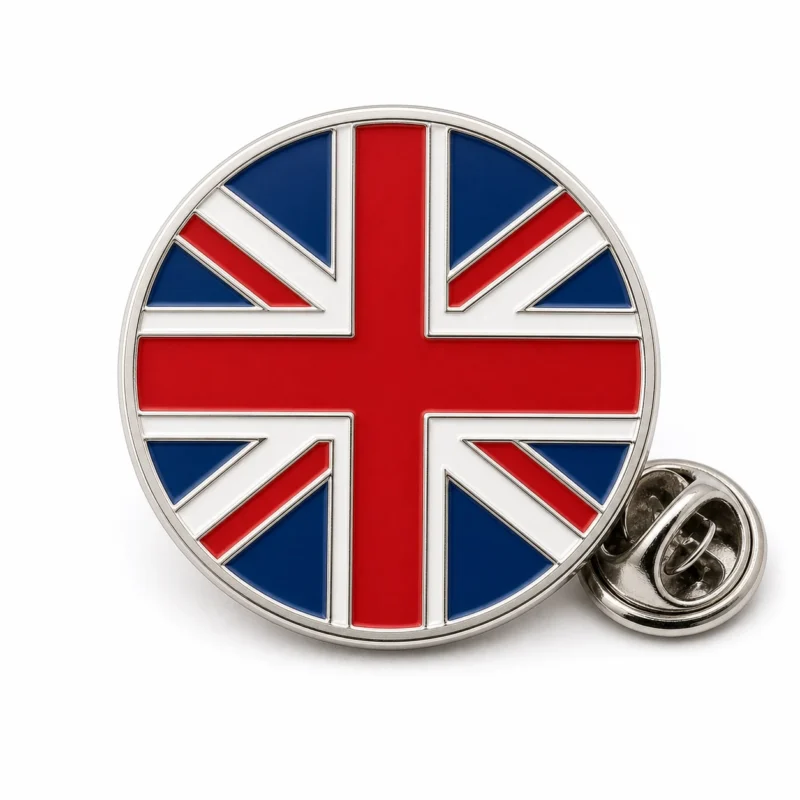 Roundel flag Union Jack pin with silver metal outlines, circular red white and blue enamel flag design, outer ring, and a butterfly clutch on white.