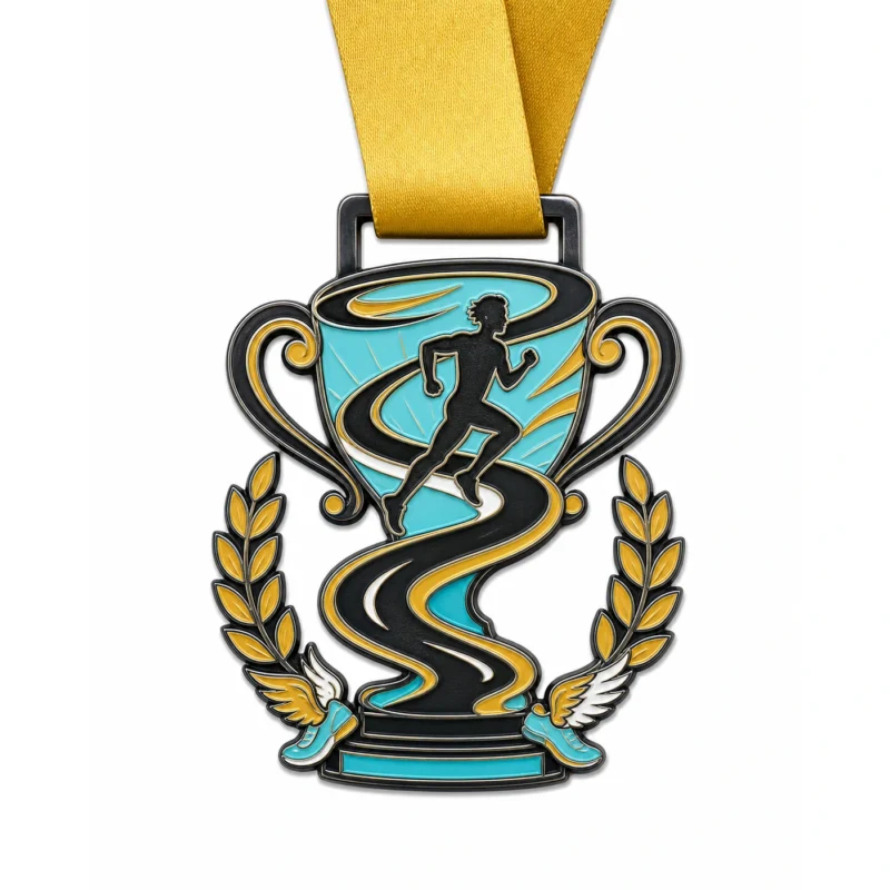 Route trophy 10K Finisher Medaille aus weicher Emaille mit schwarzem Nickelmetall, goldenem Halsband, Trophäenform, gewundener Laufstrecke, Läufersilhouette, Lorbeer- und Schuhflügelakzenten und weißem Hintergrund.