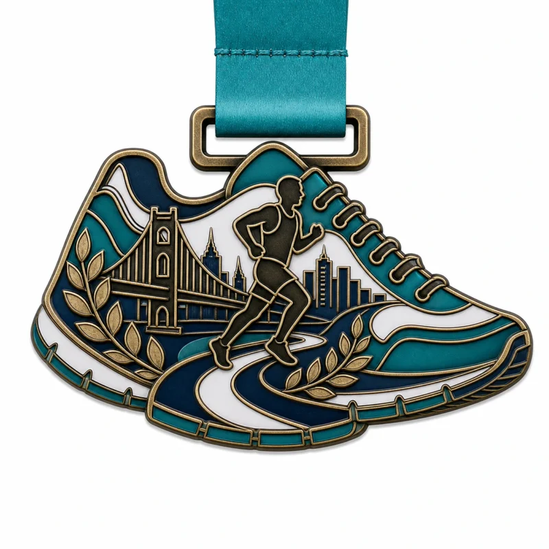 Медаль Marathon Finisher Medal из мягкой эмали с металлическими контурами цвета античной бронзы, тиловой лентой, корпусом в форме ботинка, струящейся дорогой, бегуном, горизонтом моста и лавровыми акцентами на белом фоне.