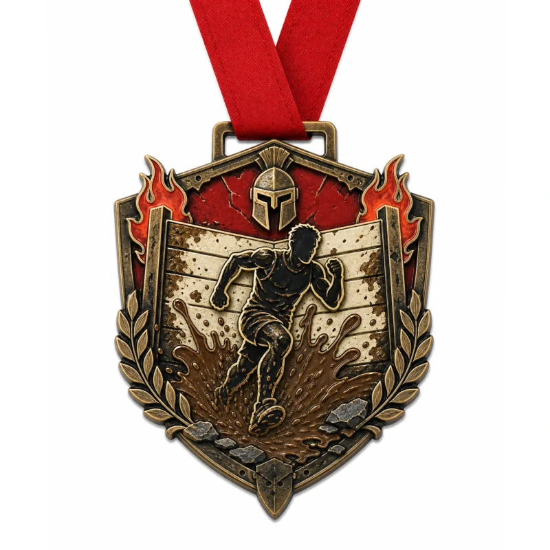 Shield dash Warrior Dash Medaille aus weicher Emaille mit antikbronzefarbenen Metallkonturen, rotem Halsband, robuster Schildform, Läufersilhouette, Schlammspritzer, Hinderniswand, Lorbeer- und Flammenakzenten und weißem Hintergrund.