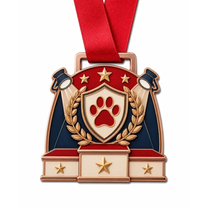 Show podium Best in Show Medal soft enamel medal with rose gold metal outlines, red neck ribbon, three-tier podium shape, paw shield, laurel leaves, stars and spotlights, and white background.
