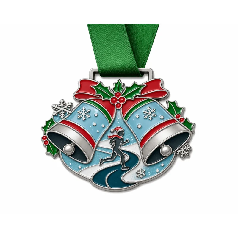 Медаль с мягкой эмалью Sleigh bells Jingle Bell Run Medal с контурами из полированного серебристого металла, зеленой лентой на шее, перекрещенными санями в форме колокола, беговой дорожкой, силуэтом бегуна и белым фоном.