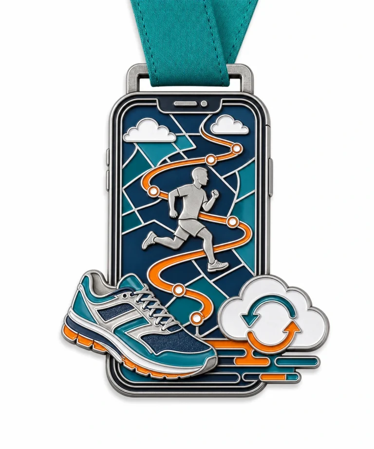 Медаль Virtual Run Medal из мягкой эмали с контурами из полированного серебристого металла, тиловой лентой на шее, формой смартфона, извилистой картой маршрута, силуэтом бегуна, акцентами на обуви и облаках и белым фоном.