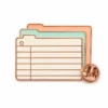 Stacked index library card pin with rose gold metal outlines, layered mint and cream enamel cards, lavender tab accents, and a butterfly clutch on white.