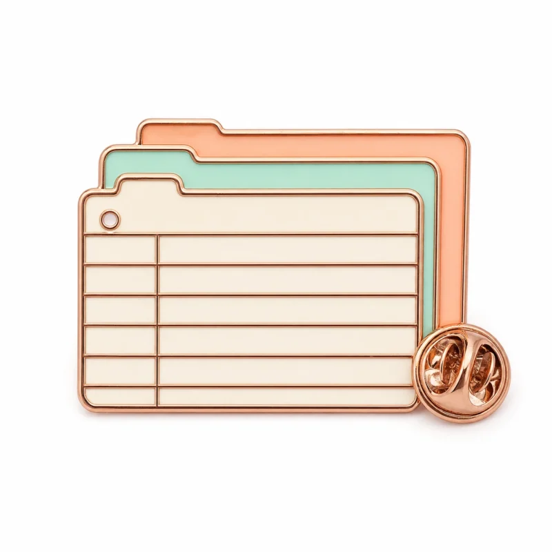 Stacked index library card pin with rose gold metal outlines, layered mint and cream enamel cards, lavender tab accents, and a butterfly clutch on white.