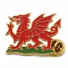Épingle en forme de dragon gallois debout Épingle en émail mou avec des contours métalliques en relief, des sections de couleur émaillée plate, des détails de badge connectés et une pochette de papillon sur fond blanc.