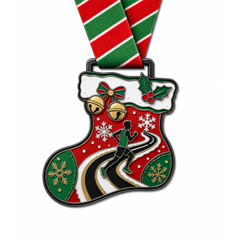 Медаль Stocking bells Jingle Bell Run Medal из мягкой эмали с контурами из черного никелированного металла, красной и зеленой лентой на шее, формой чулка, колокольчиками, дорожкой для бега, акцентами в виде бегуна и снежинки и белым фоном.