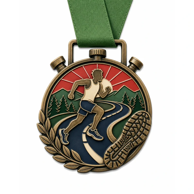 Stoppuhr Straße 10K Finisher Medaille aus weichem Emaille mit antiken bronzefarbenen Metallkonturen, grünem Halsband, Stoppuhr-Form, Straßenkurve, Läufersilhouette und Schuhprofil-Details, und weißem Hintergrund.