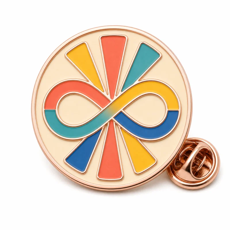 Sunburst infinity neurodivergent pin with rose gold metal outlines, cream badge base, coral teal blue and yellow enamel blocks, and a butterfly clutch on white.