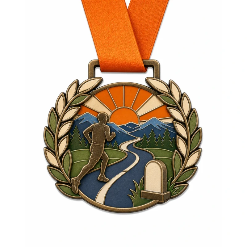 Medaglia Sunrise laurel Half Marathon Finisher Medaglia in smalto morbido con contorni in metallo color bronzo antico, nastro da collo arancione, forma di alloro a semicerchio, strada panoramica, sole nascente e silhouette del corridore e sfondo bianco.