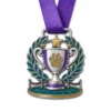 Trophy laurel Best in Show Medal soft enamel medal with polished silver metal outlines, purple neck ribbon, trophy cup shape, paw detail, laurel wreath and show-ring accents, and white background.