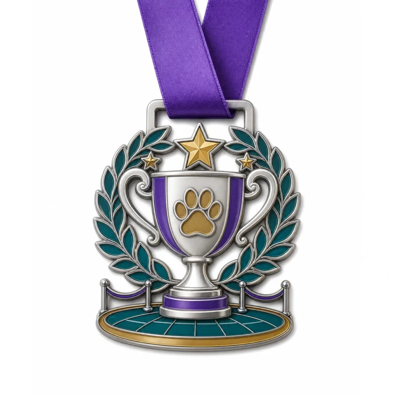Trophy laurel Best in Show Medal soft enamel medal with polished silver metal outlines, purple neck ribbon, trophy cup shape, paw detail, laurel wreath and show-ring accents, and white background.