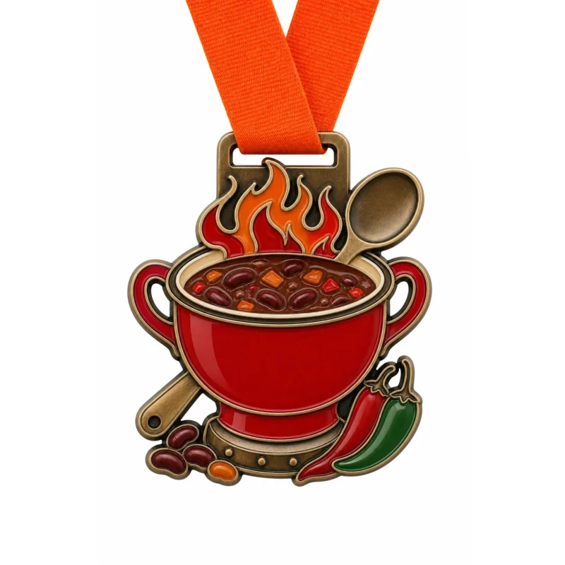 Trophäe Topf Chili Cook Off Medaille weiche Emaille Medaille mit antiken Bronze Metall Konturen, orange Hals Band, Topf Trophäe Form, Löffel, Flammen, Bohnen Motive, und weißem Hintergrund.
