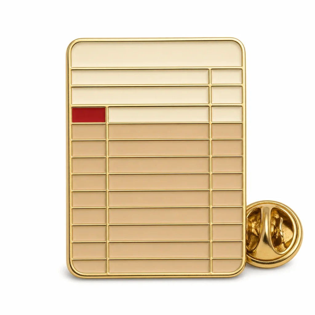 Spilla vintage per tessere di biblioteca con contorni in metallo dorato in rilievo, corpo della tessera smaltato color crema, righe divisorie color marrone, blocco di timbri rossi e frizione a farfalla su sfondo bianco.