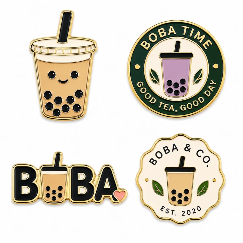 Значки с логотипом «Boba Tea»: эмалевые значки с изображением стаканчика для напитка, круглый значок «Boba Time», значок с буквой «Boba» и значок магазина с волнистым краем, выполненные в золотых и чёрных тонах на белом фоне.