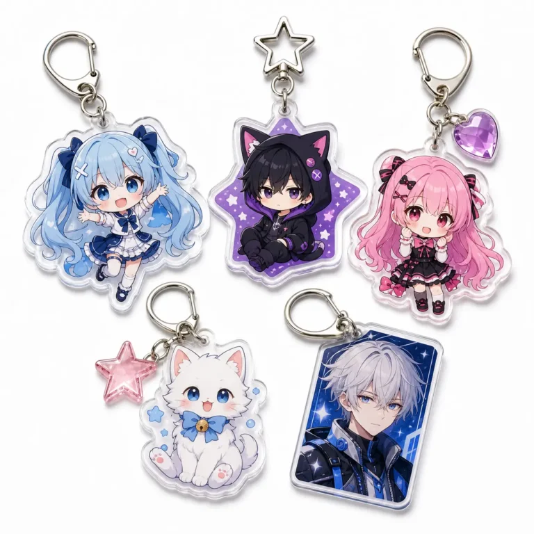 Five colorful acrylic keychains featuring original anime-style characters, animals, stars, and decorative charms.