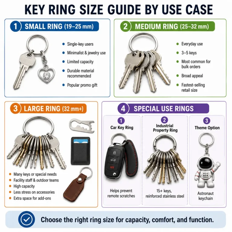 Key ring size guide comparing small, medium, large, and special-purpose rings for different users and key capacities.