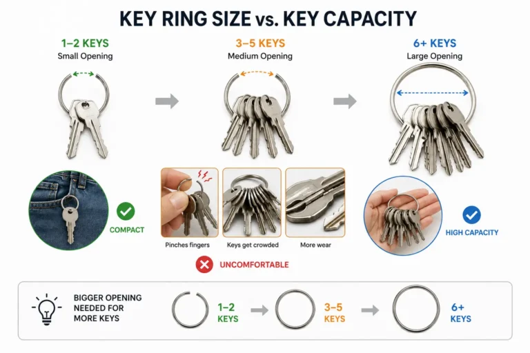 Key ring size comparison showing 1–2, 3–5, and 6+ key capacities with small, medium, and large rings.