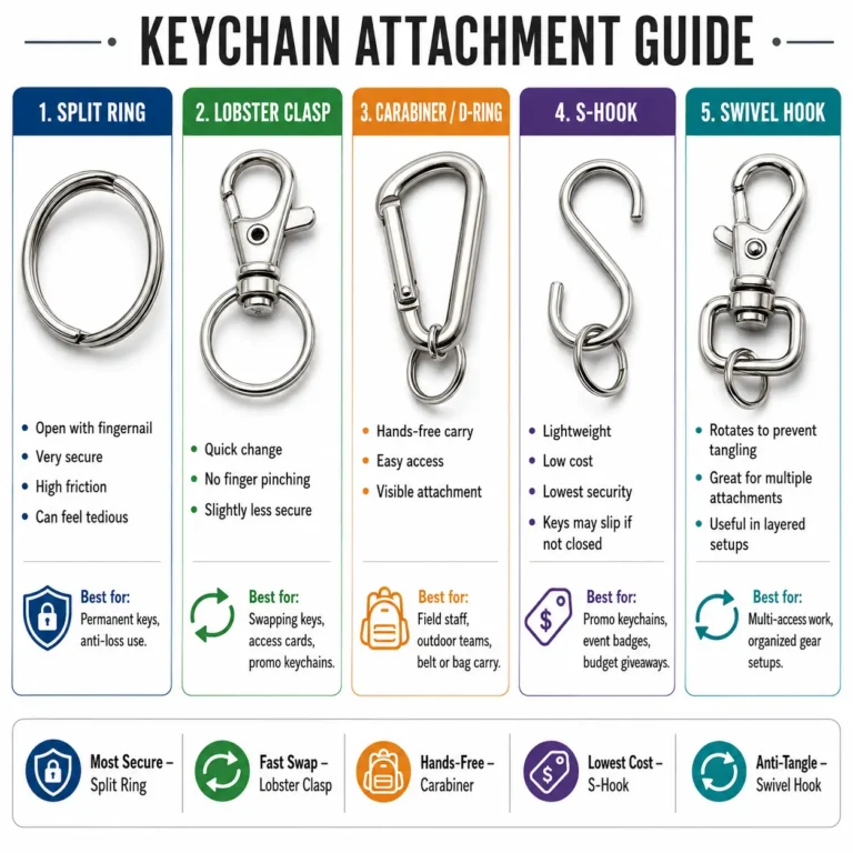 Comparison of split rings, lobster clasps, carabiners, S-hooks, and swivel hooks for different keychain uses.