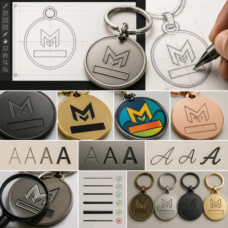 A custom metal keychain design showcase featuring CAD drawings, engraving samples, color finishes, plating options, and prototype variations.