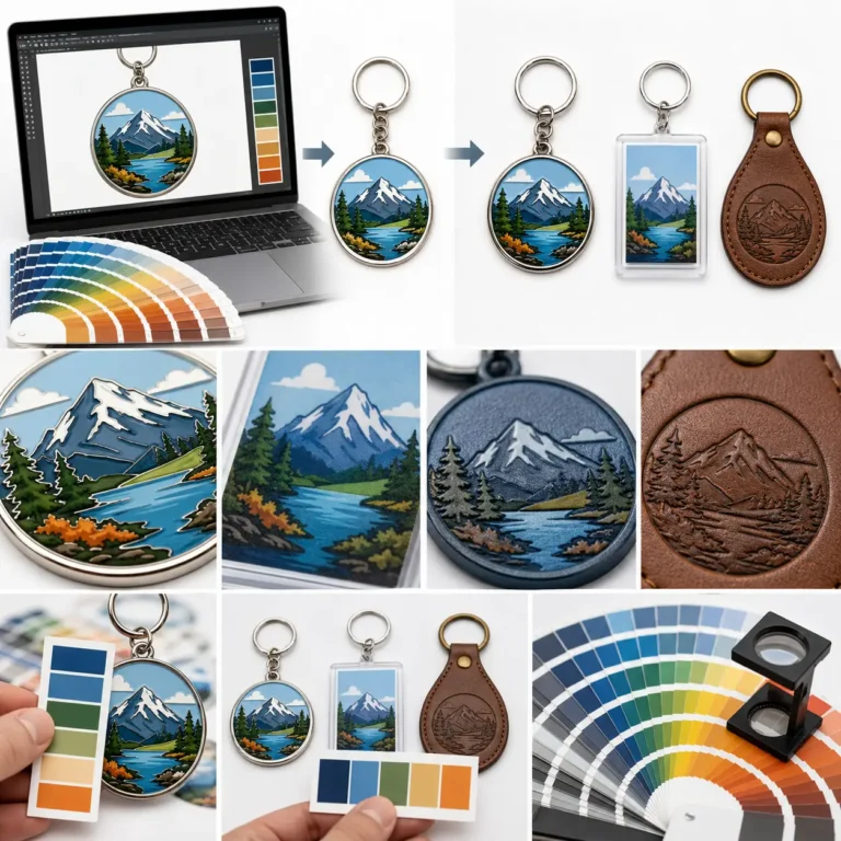 A custom keychain production showcase featuring artwork design, color selection, enamel keychain samples, acrylic keychains, and leather keychain finishes.