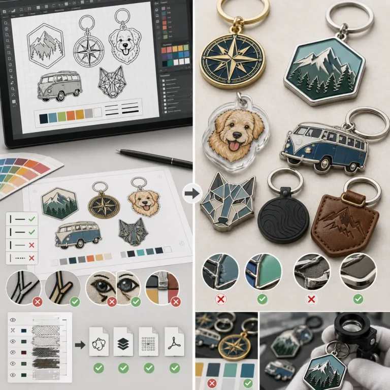 A custom keychain manufacturing guide showing artwork design, digital prototypes, finished keychain samples, material options, and quality inspection details.