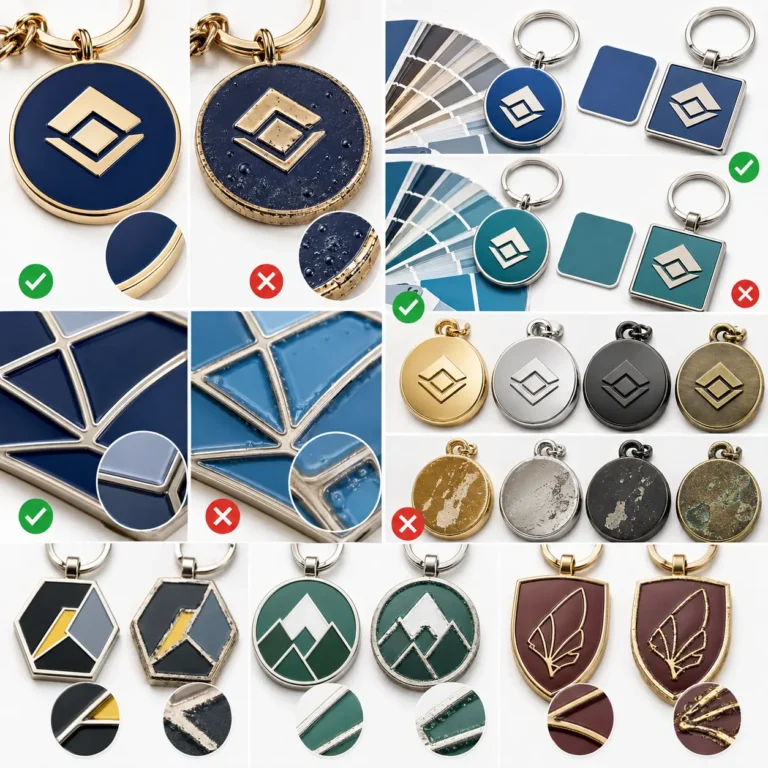 A custom keychain quality control comparison showing good and defective enamel finishes, plating surfaces, edge details, color matching, and manufacturing defects.
