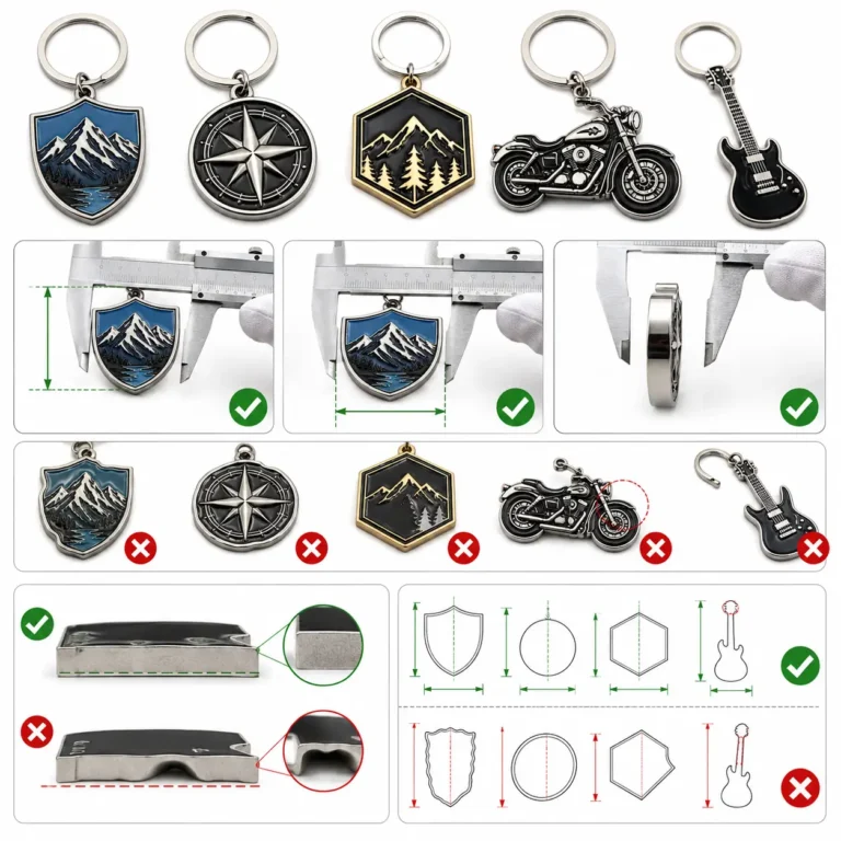 A custom keychain quality inspection guide showing different keychain shapes, size measurements with calipers, thickness checks, design accuracy comparisons, and examples of acceptable and defective manufacturing results.