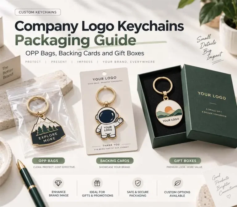 A company logo keychain packaging guide comparing clear OPP bags, branded backing cards, and premium gift boxes with custom promotional keychain examples.
