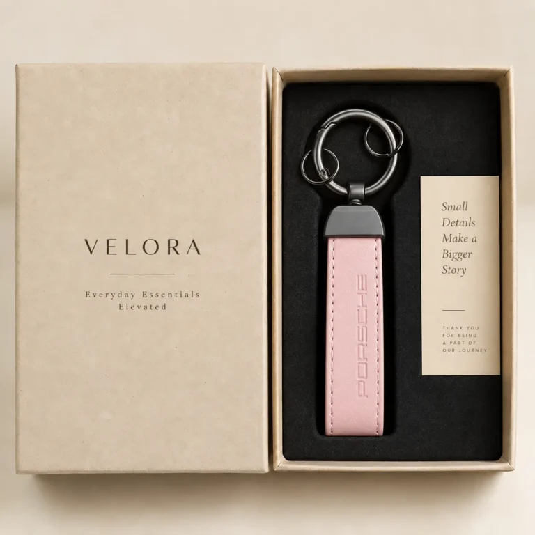 A premium custom leather keychain presented in a beige gift box with black foam insert, metal key rings, pink strap, branded lid, and thank-you card.