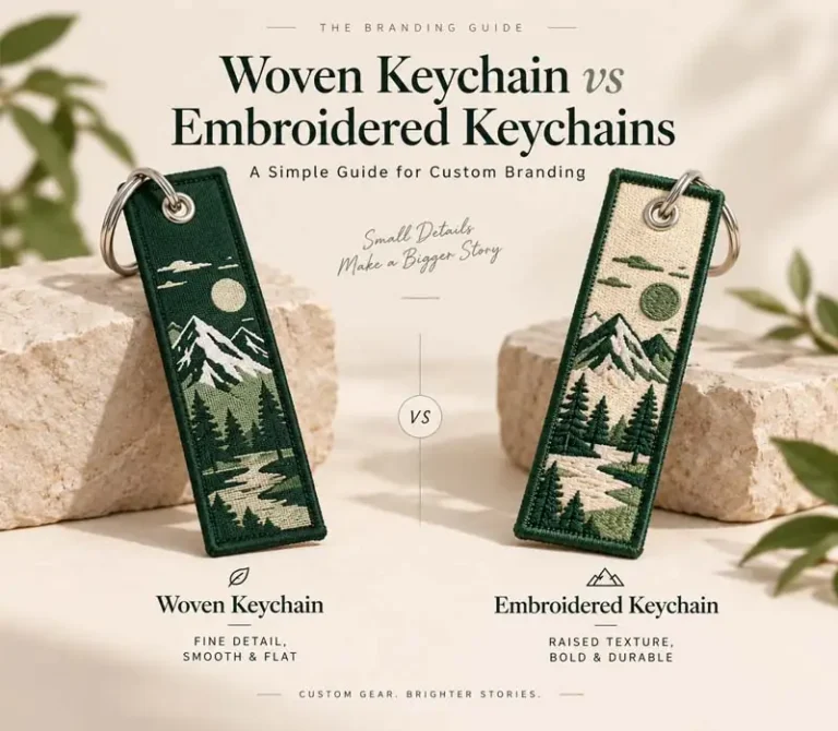 A comparison graphic showing woven and embroidered fabric keychains with mountain landscape designs, highlighting smooth fine detail on woven keychains and raised textured stitching on embroidered keychains.