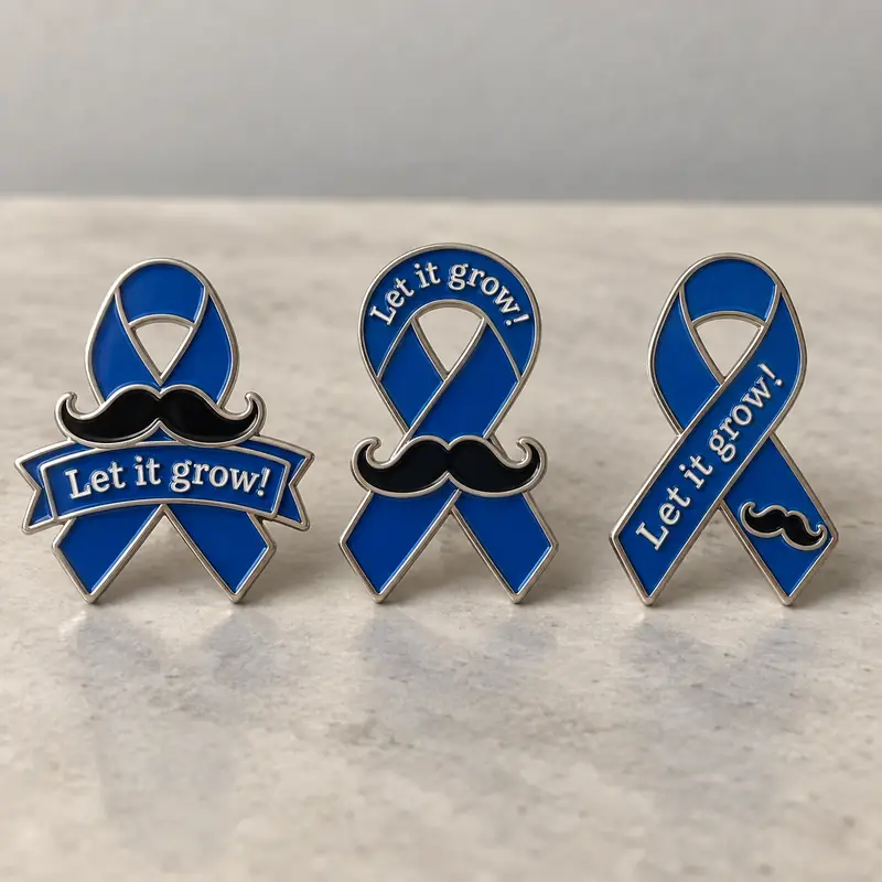 Three custom blue awareness ribbon enamel pins featuring black mustaches, polished silver-tone outlines, and “Let it grow!” lettering in three different designs.