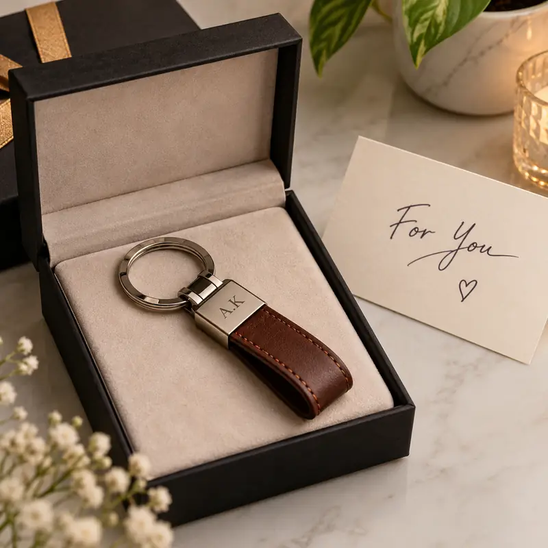A custom brown leather keychain with engraved A.K initials, stitched loop strap, polished silver-tone metal hardware, and key ring, presented in a black luxury gift box with beige velvet lining and a For You greeting card.