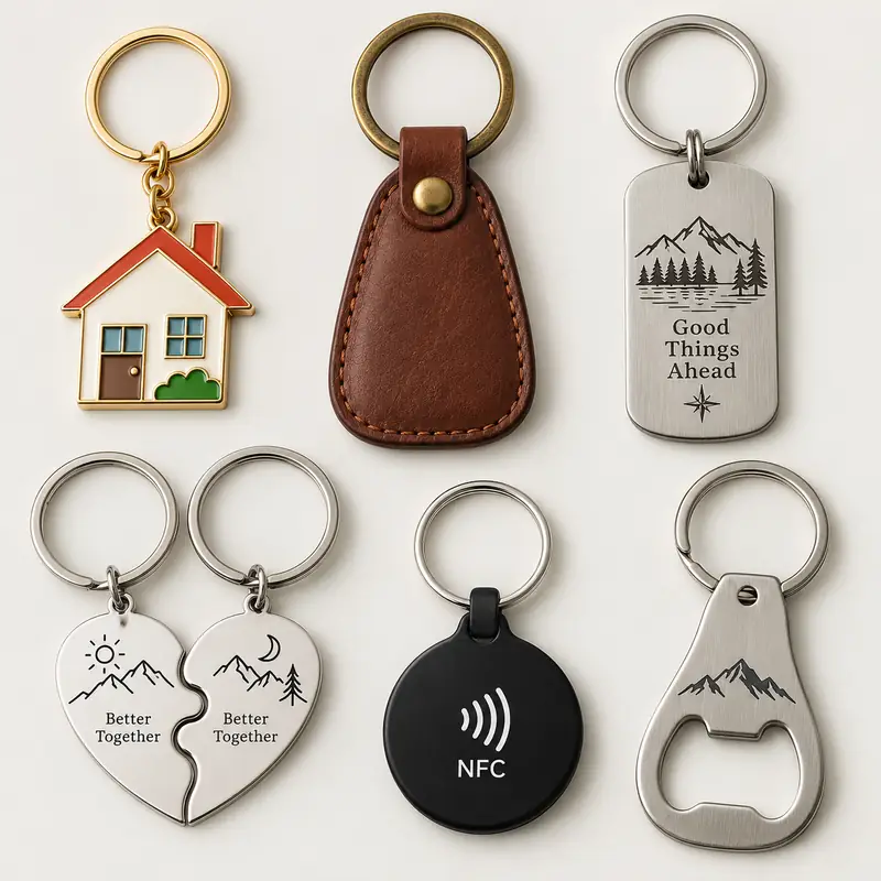 A collection of seven custom real estate closing gift keychains featuring a colorful house charm, brown leather key fob, engraved stainless steel tag, matching heart keychains, black NFC tag, and metal bottle opener keychain.
