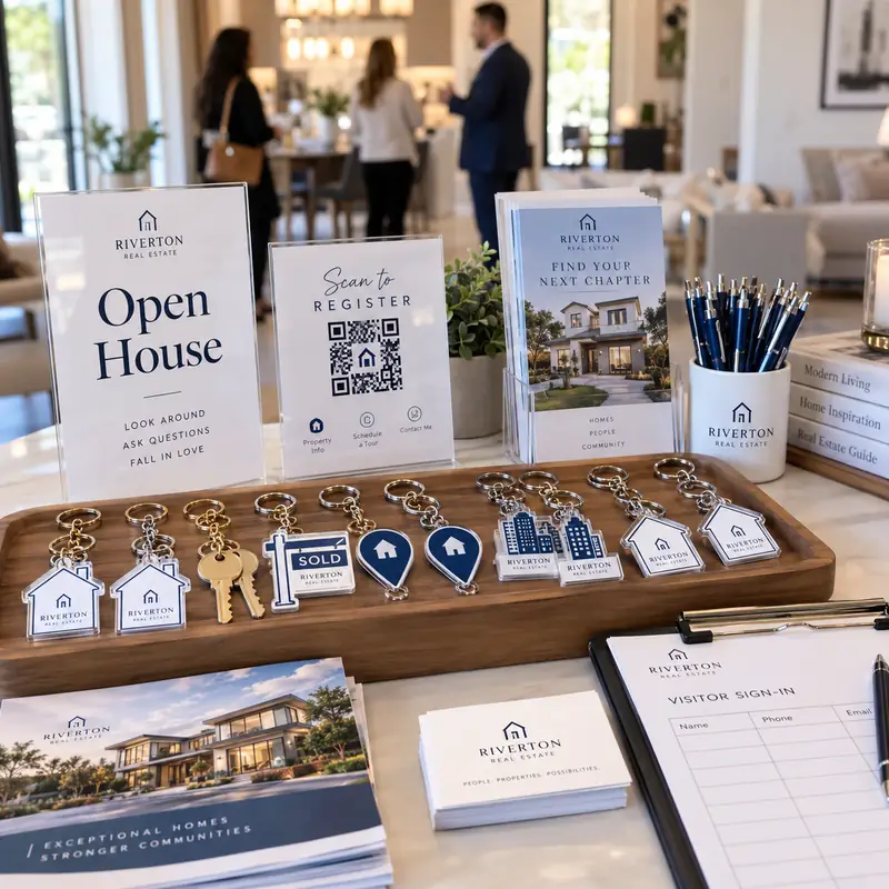 A collection of custom Riverton Real Estate keychains featuring house-shaped charms, gold keys, SOLD signs, location pins, and building designs displayed on a wooden tray beside open house registration signs, brochures, and business cards.