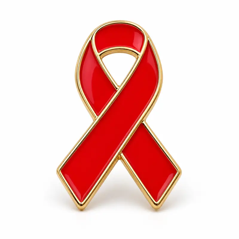Un pin esmaltado personalizado con el lazo rojo de concienciación, con esmalte rojo brillante, contornos de metal dorado pulido, un diseño tridimensional de lazo doblado y un fondo blanco.