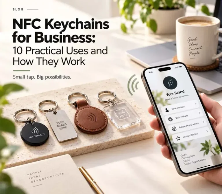 A business NFC keychain guide featuring four custom NFC keychains in black plastic, stainless steel, brown leather, and clear acrylic, alongside a smartphone displaying digital contact sharing and business networking options.