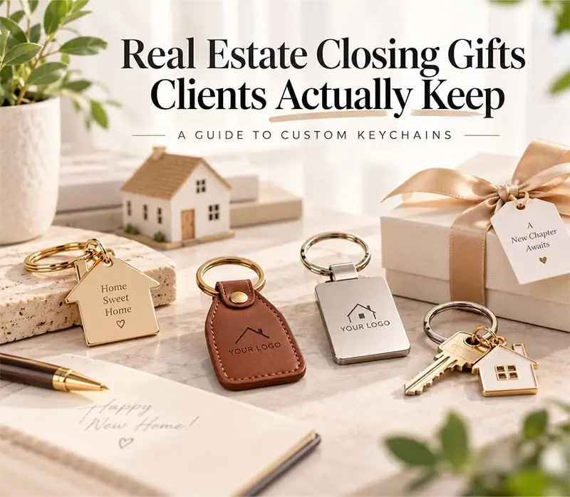 A real estate closing gifts guide featuring custom house-shaped metal keychains, a brown leather keychain, engraved stainless steel keychain, house key charms, and an elegant gift box for new homeowners.
