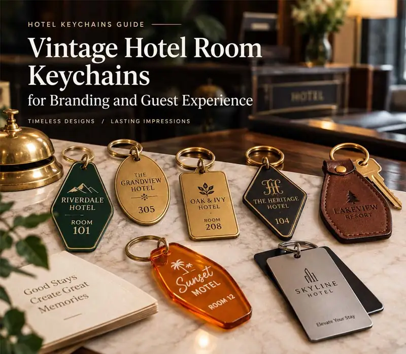 A collection of custom vintage hotel room keychains in brass, enamel, leather, acrylic, and metal styles, displayed on a hotel reception counter with room numbers and hotel branding.