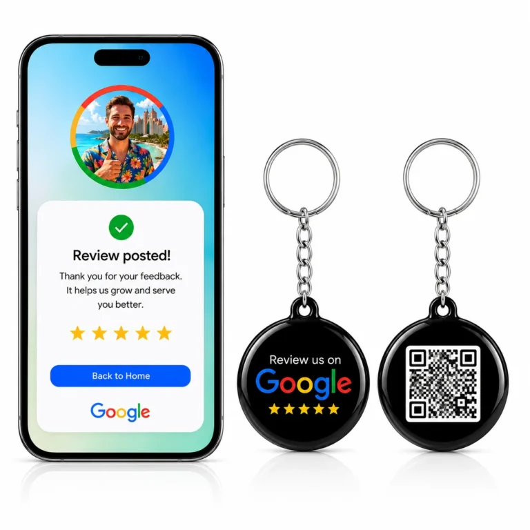 Two custom black Google Review keychains with silver metal rings, colorful Google logo, five-star graphics, and QR code, displayed beside a smartphone showing a review confirmation screen.